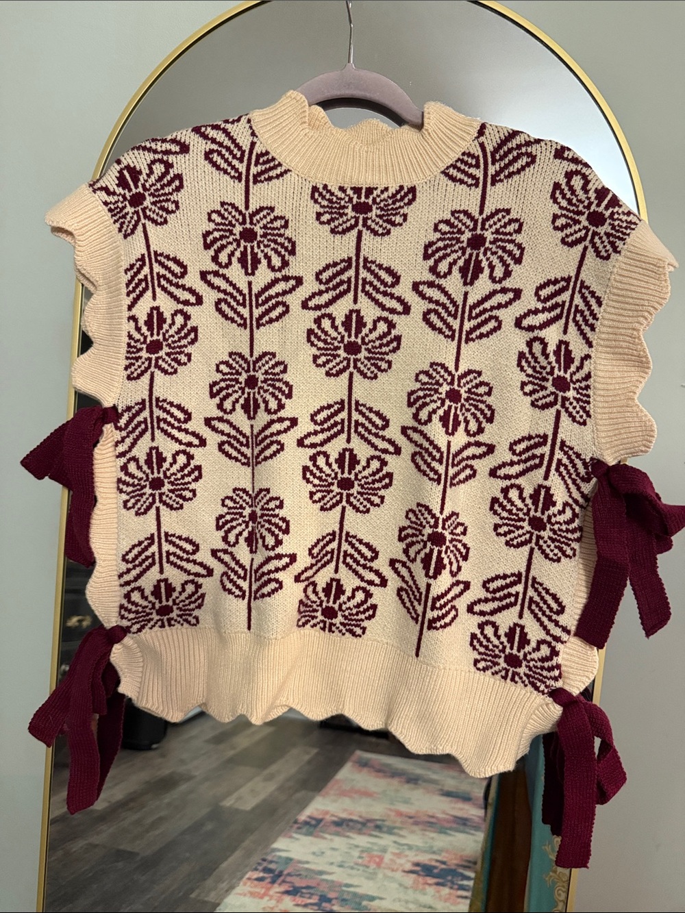 Floral Knit Tie-Side Sweater Vest - Cream & Burgundy